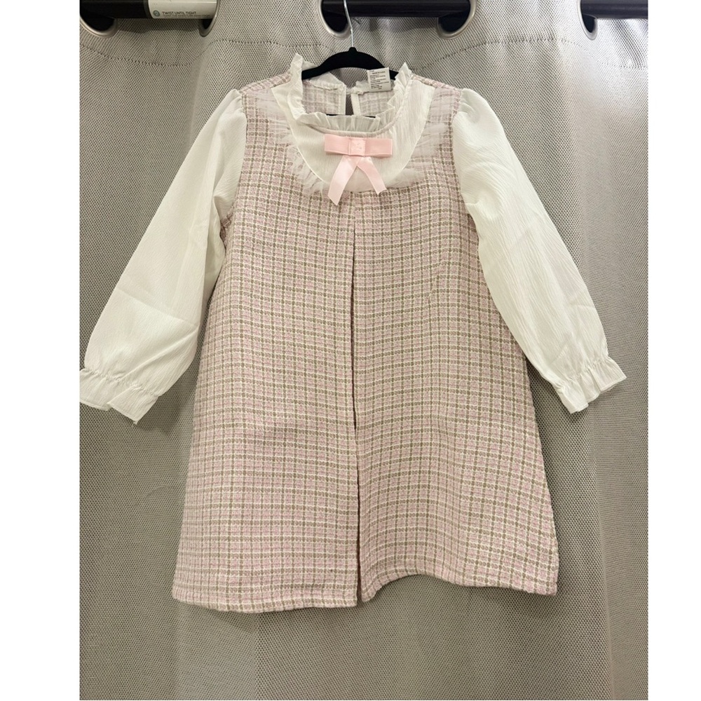 SHEIN Pink Tweed Pinafore Dress with White Blouse and Pink Bow Accent